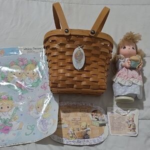 Precious moments Woven Basket with Doll and Window Clings